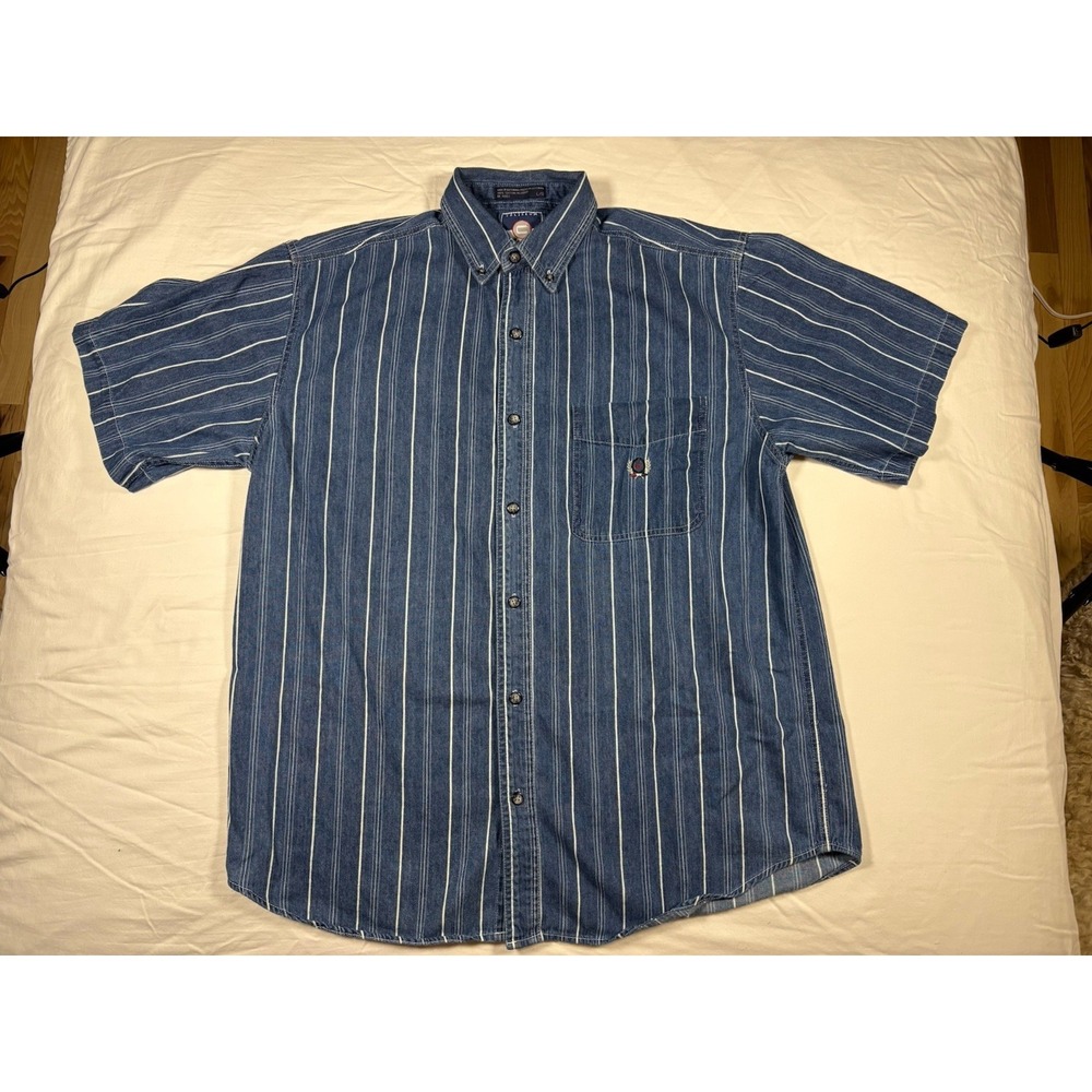 Vintage COLISEUM JEANS Mens Large Blue Striped CREAST LOGO Cotton Denim Shirt